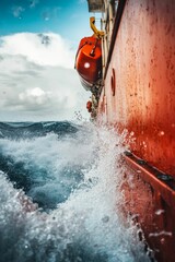 Fototapeta premium Red vessel, ocean waves, splashing water.
