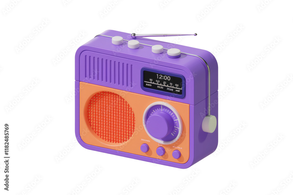 Aufkleber a 3d render of a retro-styled portable radio with purple and orange accents. background removed