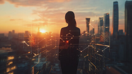 Fototapeta premium Abstract business woman stands on the peak of success amid tall, innovative Smart city and graphs with statistics to analyze business potential and predict future developments in company growth.