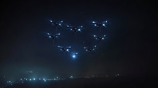 Nighttime drone light show in the sky with illuminated drones