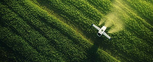 Aerial view of aircraft spraying green fields with agricultural chemicals