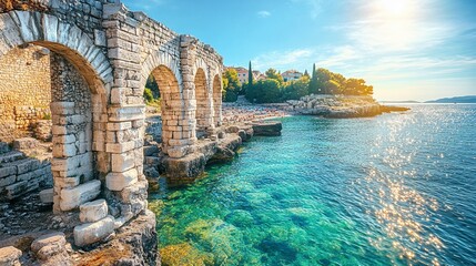 Coastal Ruins, Sunny Beach, Adriatic Sea, Vacation