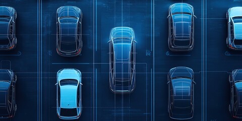 A digital rendering of an overhead view of cars in a parking lot, with one car shown being suspended