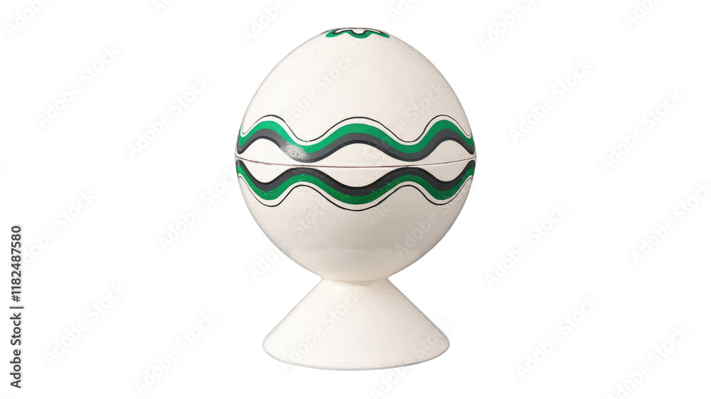 Poster A white egg-shaped object with green and gray wavy stripes stands on a small white pedestal. background removed