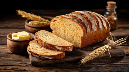 Freshly baked artisan bread with butter on rustic wooden table