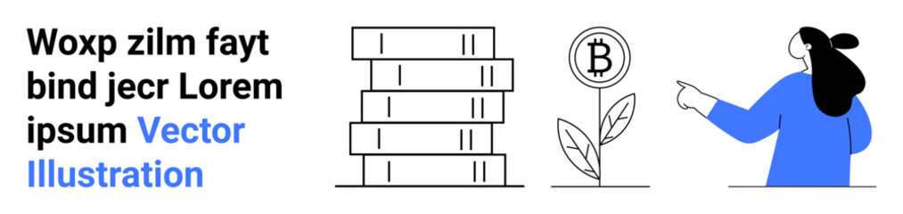 Woman in blue outfit points at a growing Bitcoin plant beside a stack of books labeled with placeholder text. Ideal for finance, technology, education, investments, digital currency, blockchain, web