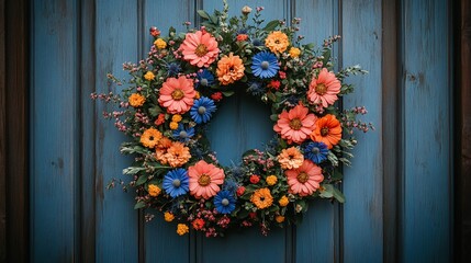Vibrant Floral Wreath Adorns Rustic Blue Wooden Door