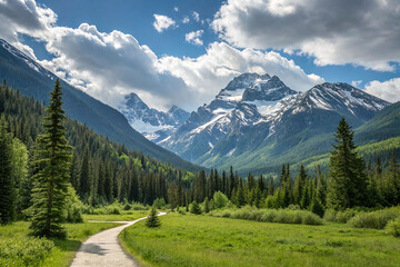 Obraz premium Majestic mountain range with a scenic trail.