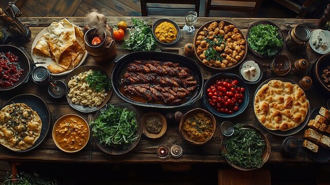 traditional Georgian feast menu eat laid out on wooden table