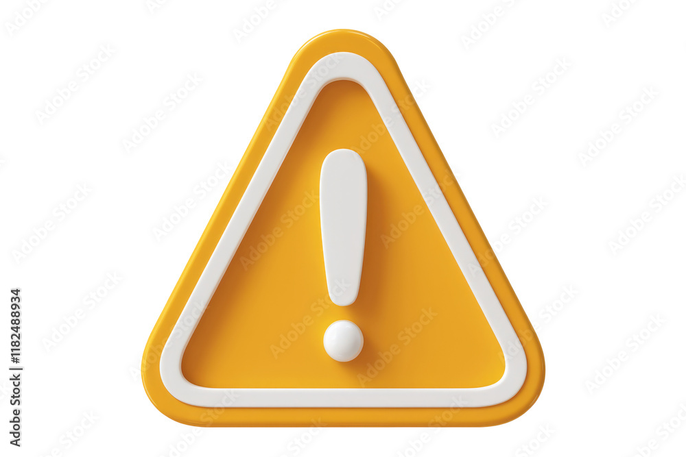 Poster 3D render of a yellow triangular warning sign with an exclamation mark, indicating caution or alert. background removed