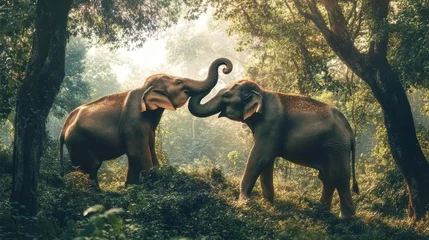 Poster de jardin  Two elephants forming a heart with their trunks in a lush jungle setting at dawn  © Truprint