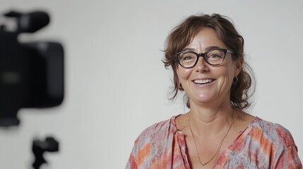 Smiling caucasian mature female in casual wear recording video interview