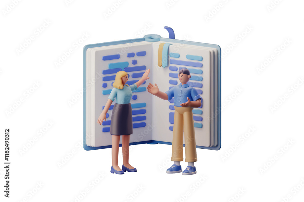 Poster Two 3D characters discuss a large open book filled with lines of code, highlighting collaboration and learning. background removed