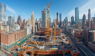Cityscape construction site, skyscrapers, sunny day