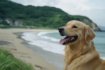 Golden Retriever, side view portrait, looking to the right of the camera, with a beach and green hillside in the background, tongue out, mouth open, happy expression, with bokeh ocean waves Generative