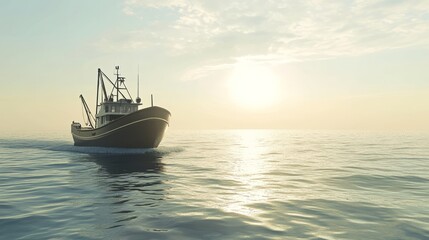 Fototapeta premium Fishing boat at sea during sunset with calm ocean waves
