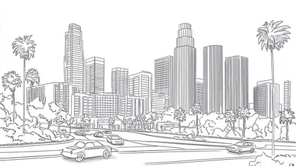 Sketchy LA Skyline, Freeway Traffic, Palm Trees, Urban Design