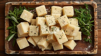 Top view diceds of hard cheeses displayed on a cheese platter with copy space image