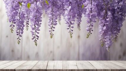 Rustic white wash wood board mockup background with purple wisteria flowers top border