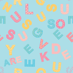 ABC seamless pattern in simple cartoon style. Cute alphabet print - hand drawn childish seamless pattern design. Digital paper.