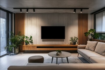 Modern minimalist living room, sunken seating area, large wall-mounted TV, wooden accent wall, track lighting, floor-to-ceiling windows, indoor plants, coffee tables, neutral color palette, cozy atmos
