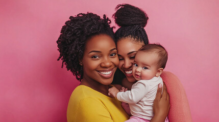 Happy black lesbian couple with their little baby on pink background