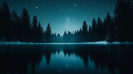 Serene winter lake at night with sparkling starry sky and silhouetted pine trees