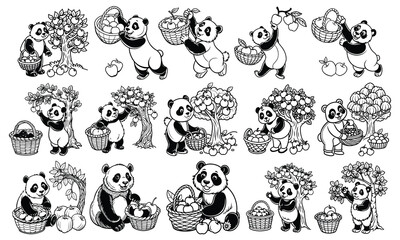 Fototapeta premium Apple Tree and Panda Coloring Page for Children, Line Drawing for Adults, Isolated on White Background, Perfect for Early Learning, Toddler Fun, and Creative Art Activities for Kids.