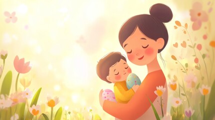 Loving caucasian mother embracing child in sunny flower garden