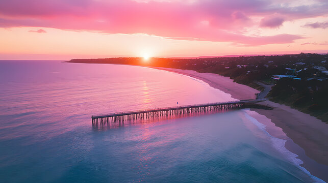 Aerial sunset over mornington peninsula coastline and pier in melbourne, victoria. Morningtide. Illustration