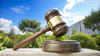 A judge's gavel sits prominently on a wooden block, surrounded by lush green trees and a clear blue sky, showcasing a peaceful legal setting during the day