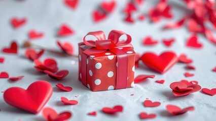 Gift box on the romantic background with hearts.