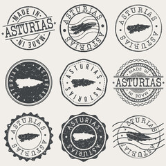 Asturias, Spain Set of Stamps. Country Travel Marks. Made In Product. Design Seals Old Style Insignia.