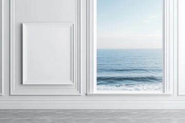 Obraz premium Seaside tranquility captured through an elegant interior window design overlooking the calm ocean waves during daylight