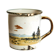 Vintage enamel coffee mug with chipped edges and retro print isolated on the transparent background.