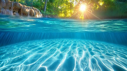 Sunlit Underwater Waterfall Scene Lush Green Forest