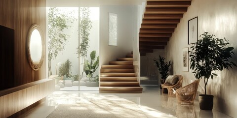 Obraz premium Modern luxurious entryway, warm wood tones, curved staircase, oval mirrors, natural light, indoor plants, minimalist design, white walls, geometric patterns, marble flooring, organic shapes, neutral c