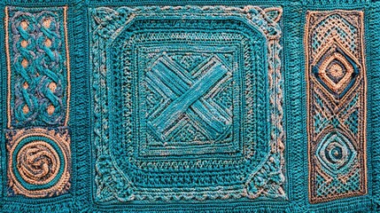 Intricate Teal and Peach Crochet Blanket Texture