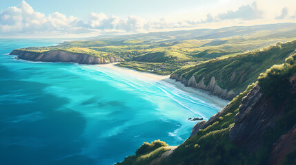 Fototapeta premium Serenely majestic aerial landscape of mornington peninsula's rugged coastline, verdant hills, and turquoise waters at arthur's eagle, melbourne, australia. Morningtide. Illustration