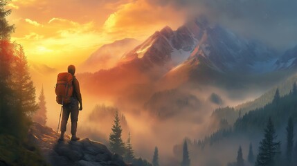 Obraz premium Hiker Overlooking Stunning Mountain Sunrise 