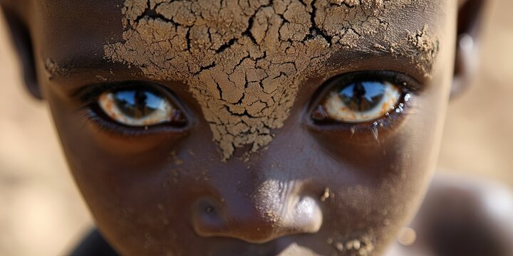 world hunger concept with starving kid getting grains