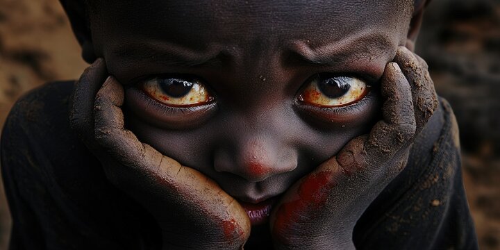 world hunger concept with starving kid getting grains