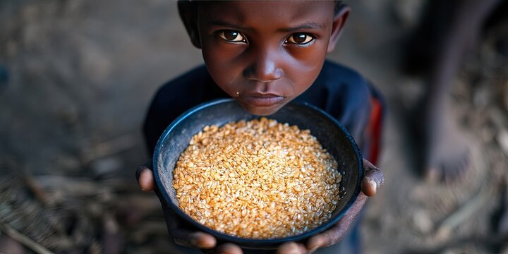 world hunger concept with starving kid getting grains