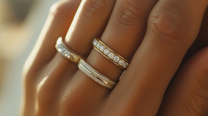 A detailed close-up of a woman's hand adorned with gold and diamond rings, showcasing luxury, elegance, and fine jewelry craftsmanship.
