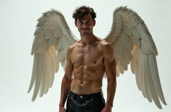 An angel with flared wings looks at the camera, naked torso.