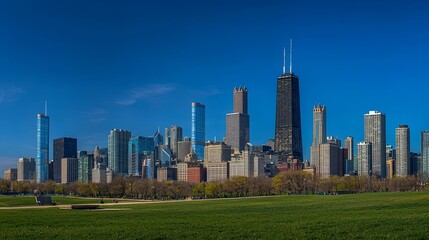 Naklejka premium Chicago cityscape with iconic skyline and urban park under clear blue sky