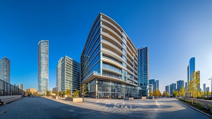 Fototapeta premium Modern urban architecture with glass high-rise buildings in sunny cityscape