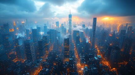 Fototapeta premium Aerial View of Manhattan Skyline at Dusk