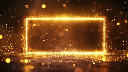 Rectangular frame glowing with golden light particles on black background with copy space for text