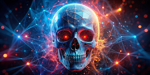 A detailed digital artwork of a skull with glowing red eyes surrounded by intricate geometric patterns and vibrant lights. The colors blend into a dark, cosmic backdrop